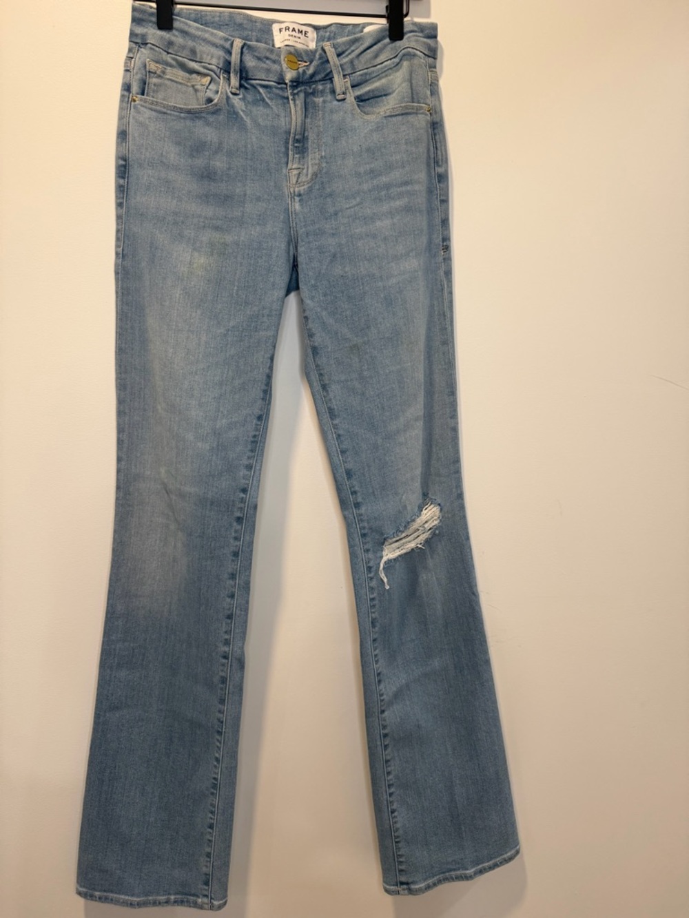 Frame Denim Light Wash Flare Jeans with Knee Distress